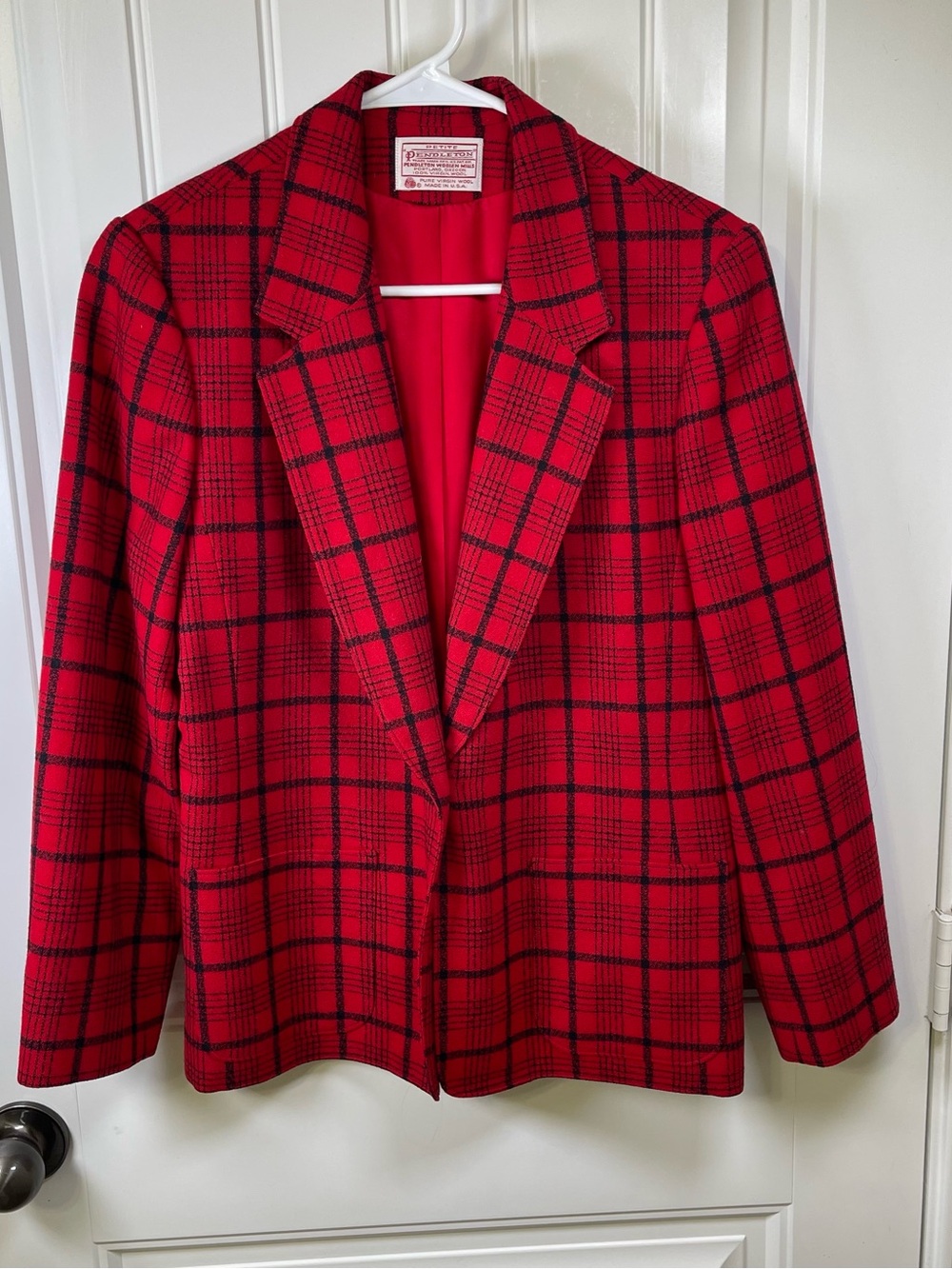 VTG Petite Pendleton Pure Virgin Wool Red Black Plaid Blazer Jacket Size 10 - Picture 2 of 9